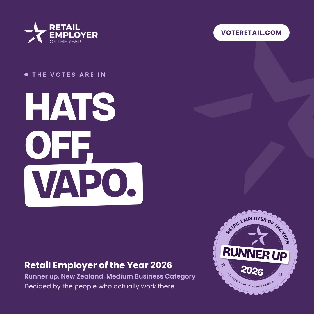 Hats off, VAPO. Runner up. New Zealand, Medium Business Category. Retail Employer of the Year 2026.