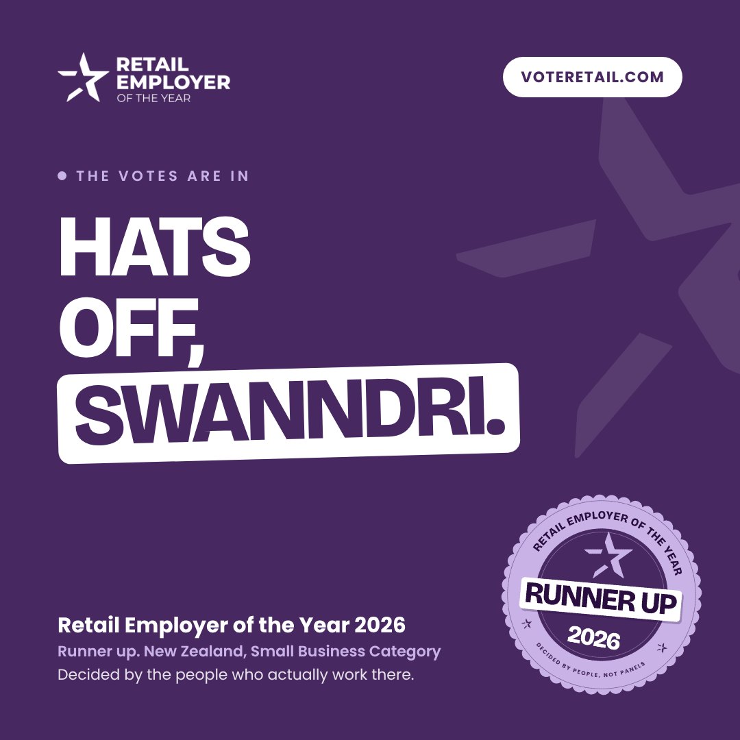 Hats off, Swanndri. Runner up. New Zealand, Small Business Category. Retail Employer of the Year 2026.